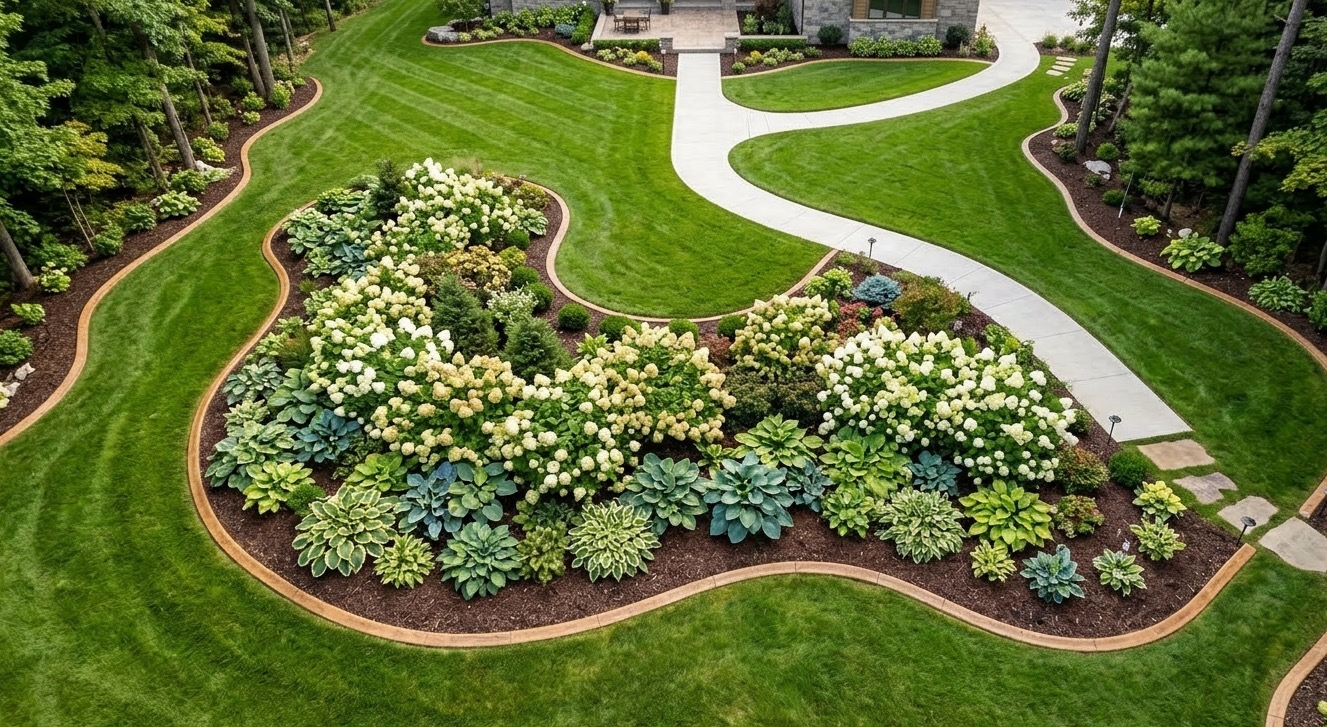Aerial view of landscaped property